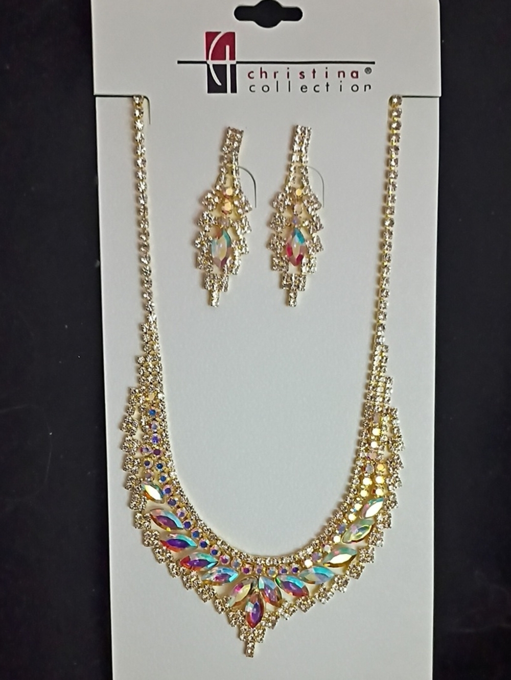 Christina Collection Gold Iridescent Crystal Necklace & Earrings